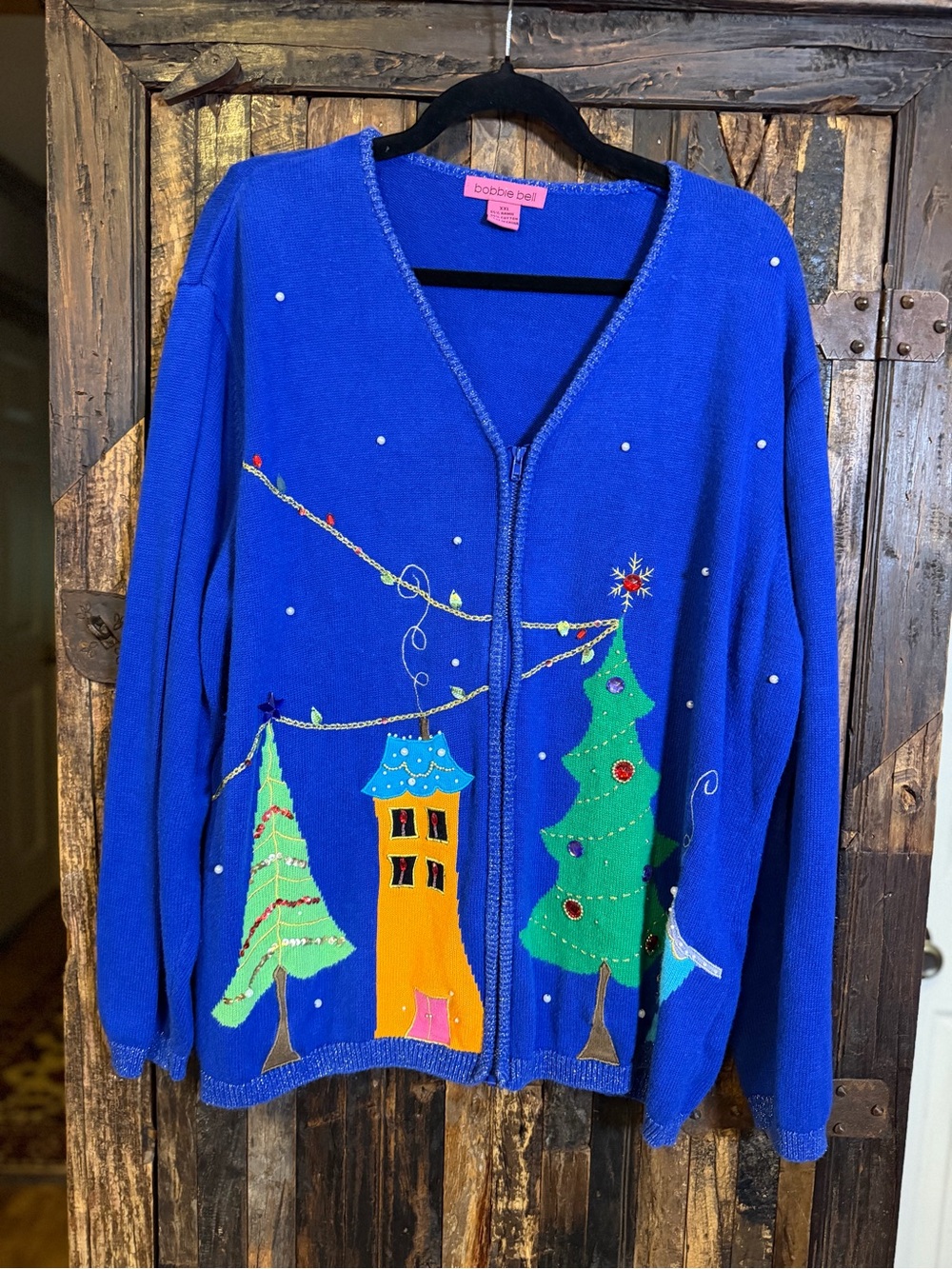 Vintage Bobbie Bell XXL Christmas Sweater Cardigan Blue Embellished Trees Zip